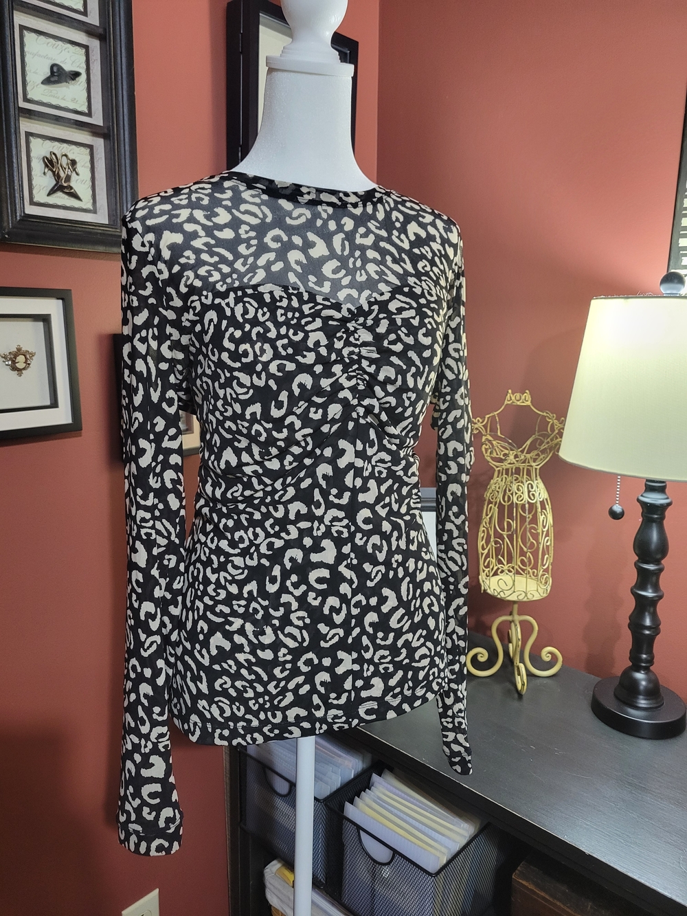 CAbi Black and Cream Leopard Print Sheer Long-Sleeve Medium Top
